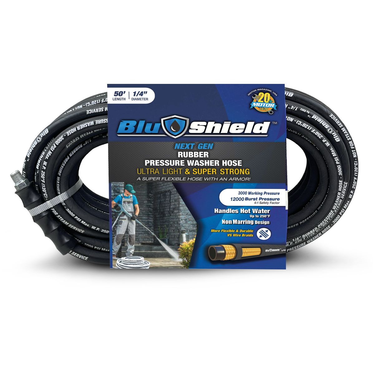 BluShield Lightweight 1/4" Rubber Pressure Washer Hose with Quick Connect Coupler Plug, 3100PSI , Size : 50 & 25 ft